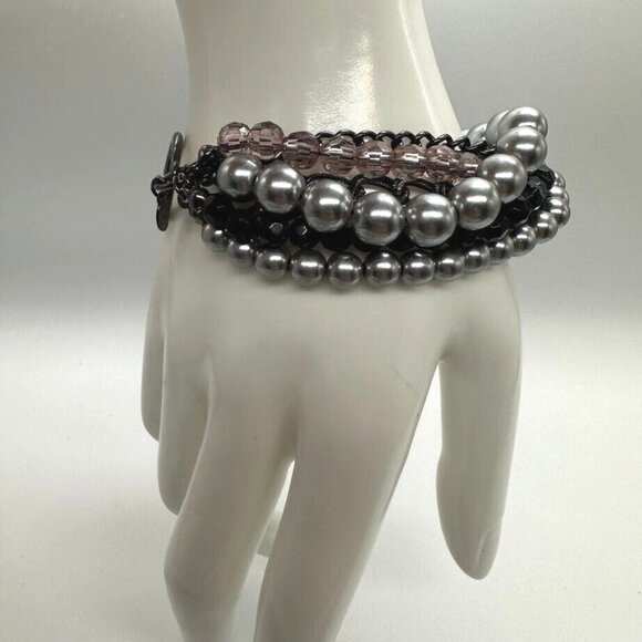 Premier Designs Beaded Multi Strand Bracelet Simulated Pearl Black Pink Silver - Picture 1 of 8